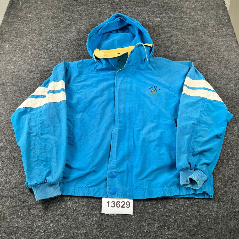 Vintage Nautica Yacht Club Jacket Mens Blue Good Hooded Windbreaker Stripe